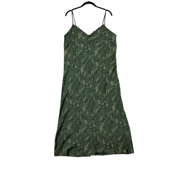 Y2K NWT Camo Midi Slip Dress Size L Green Lace V-Neck Grunge Concert Festival - Picture 1 of 8